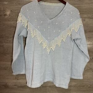 Womens Vintage 80s Baby Blue Knit V Neck Granny Sweater SzLarge Beaded Tassels